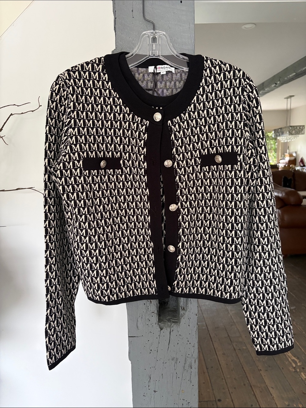 Black & White Monogram Button-Front Sweater Jacket with under sweater two piece